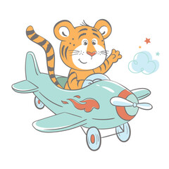 Vectorillustratie van een schattige tijgerwelp, vliegend op een vliegtuig.