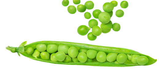 Green Peas. Fresh Peas  (Pisum sativum) isolated on white  background. Raw legume, pods, beans Top view..