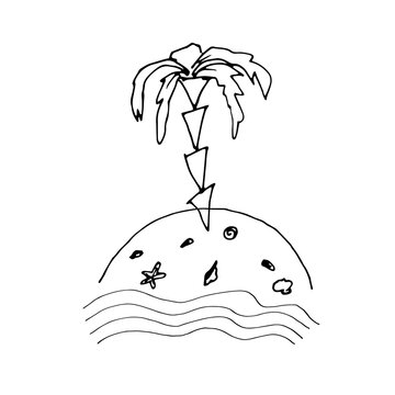An uninhabited island with palm trees, sand and shells. Vector children's illustration. A set for children's holidays. Print on fabric. Doodle.