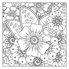 Set of Mehndi flower with frame in shape of heart. Mehndi flower for henna, mehndi, tattoo, decoration. decorative ornament in ethnic oriental style. doodle ornament. coloring book page.