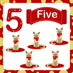 vector illustration of a children's card with number five. The worksheet learns to count and write.