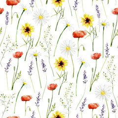 Watercolor pastel wild flowers seamless pattern. Meadow flowers and floral poppy, chamomile, lavander for textile fabric, wrapping paper, wallpaper decor, scrapbook paper.