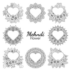 Set of Mehndi flower with frame in shape of heart. Mehndi flower for henna, mehndi, tattoo, decoration. decorative ornament in ethnic oriental style. doodle ornament. coloring book page.