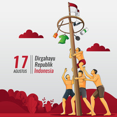 Indonesian Independence Greeting card with people playing pole climbing