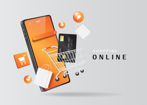 A Shopping Cart, A Shopping Bag, A Trolley Icon And A Thumbs Up Icon And Smartphone Floating In Midair Over A Gray Background,vector 3d Isolated For Shopping Online Concept Design