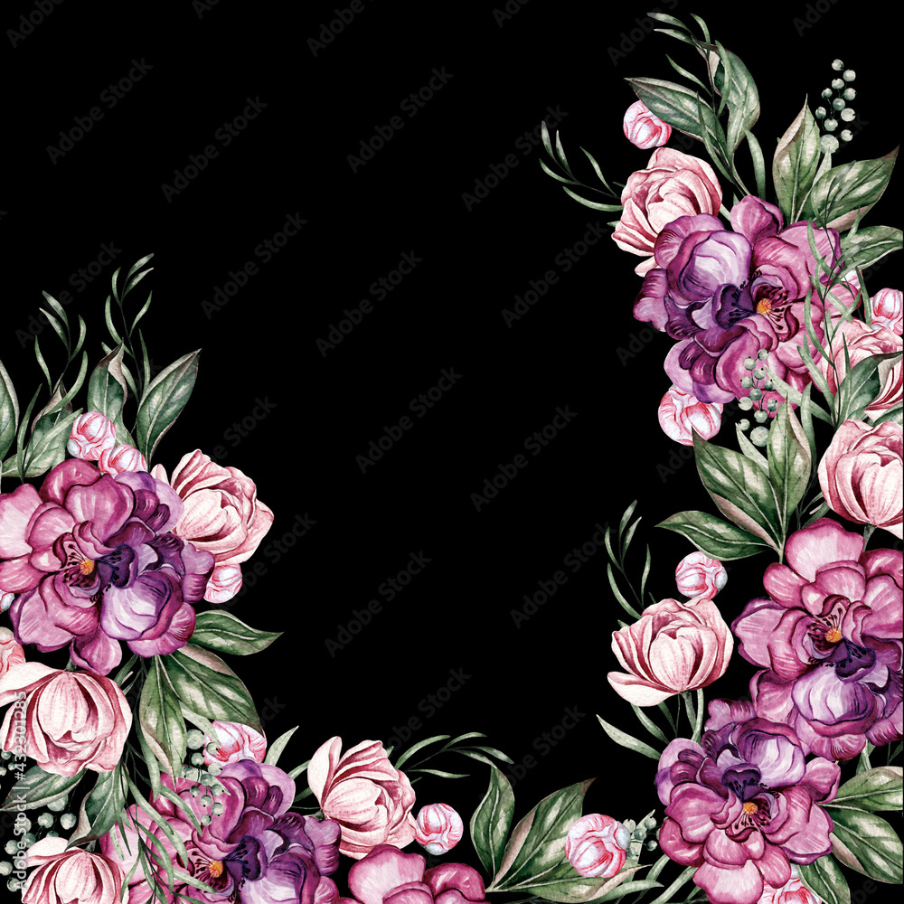 Wall mural card with peonies, can be used as greeting card, invitation card for wedding, birthday and other hol