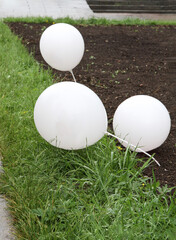 white balloons on white sticks stuck in the ground