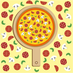 Pizza slices on wooden cutting board for Italian pizzeria design. Ingredients of basil, pepperoni or tomatoes and mozzarella cheese for margaritas, napoletans or capriccios and marinades.
