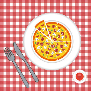 Pizza on the table with a knife and fork and served with ketchup. Dinner is served on the table, top view. on a red napkin.