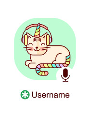 Audience member in clubhouse app. Cute cat joining audio-chat conversations. Wearing headphones and listening to music or podcast. Trendy clubhouse illustration isolated on white.