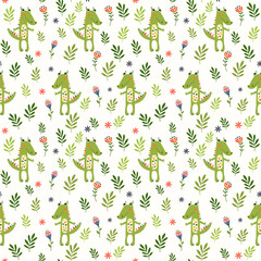 Seamless baby pattern with crocodile and flowers on white.  Vector illustration with wild animals in jungle for kids. Seamless children background for wallpaper or textile print.