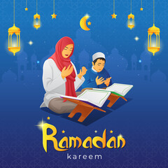 Ramadan kareem greetings card with praying woman and her son after read the holy Quran
