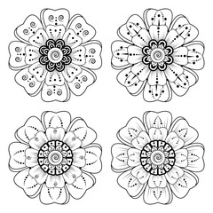 Set of Mehndi flower with frame in shape of heart. Mehndi flower for henna, mehndi, tattoo, decoration. decorative ornament in ethnic oriental style. doodle ornament. coloring book page.