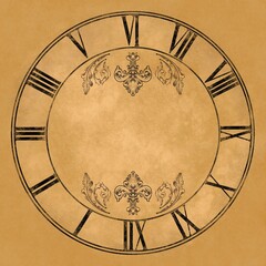 Roman clock face on an antique background with baroque desing. Digital illustration.
