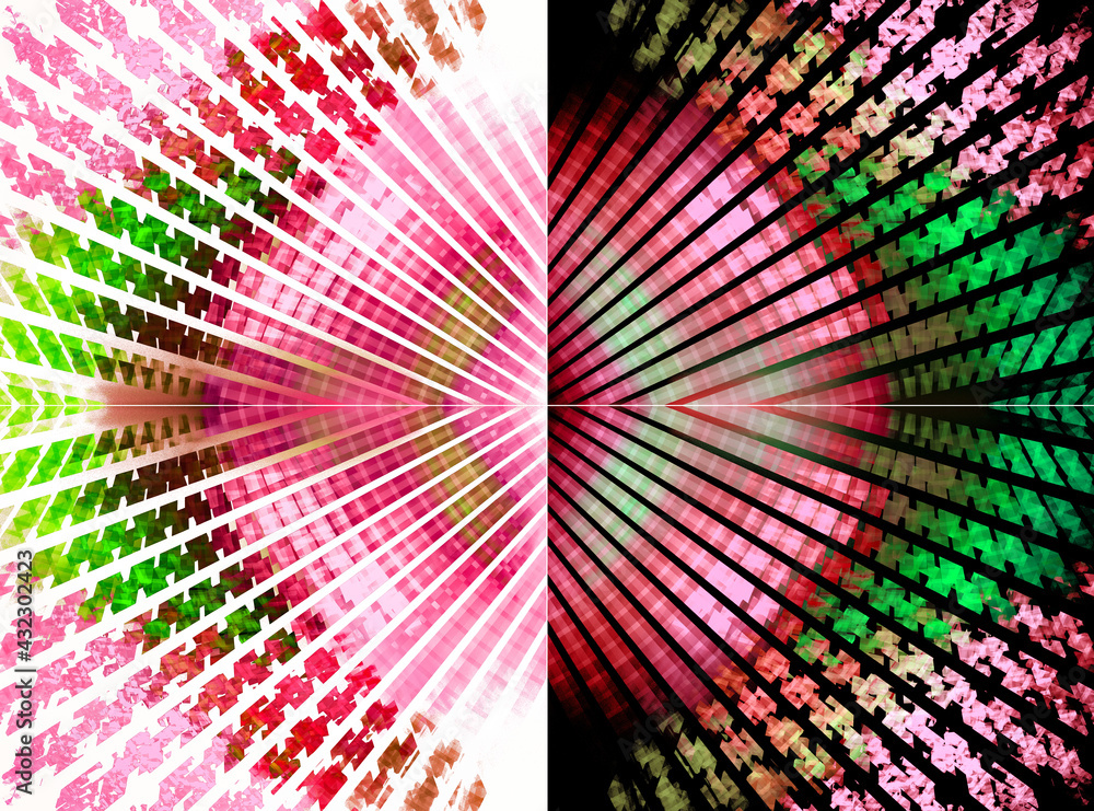 Poster colorful red and green rays radiate from the center on white and black backgrounds. four backgrounds