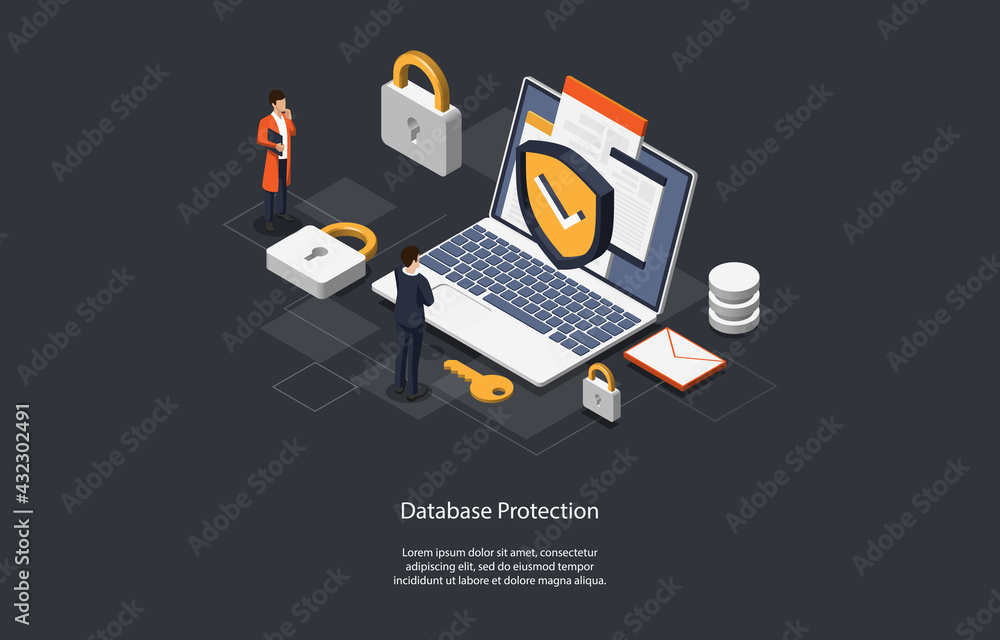 Poster illustration on dark background. database protection concept. isometric vector composition in cartoo
