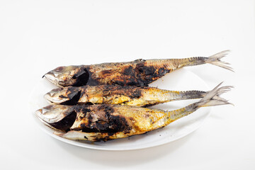 a grilled scad fish isolated on white background