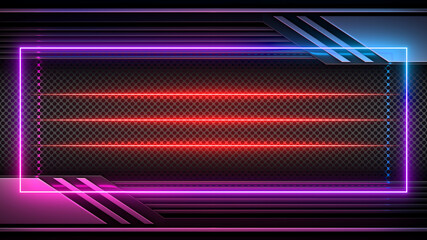 Sci Fy Neon Glowing Lamps On Dark Perforated Wall. Abstract Technology Background. 3D Rendering.