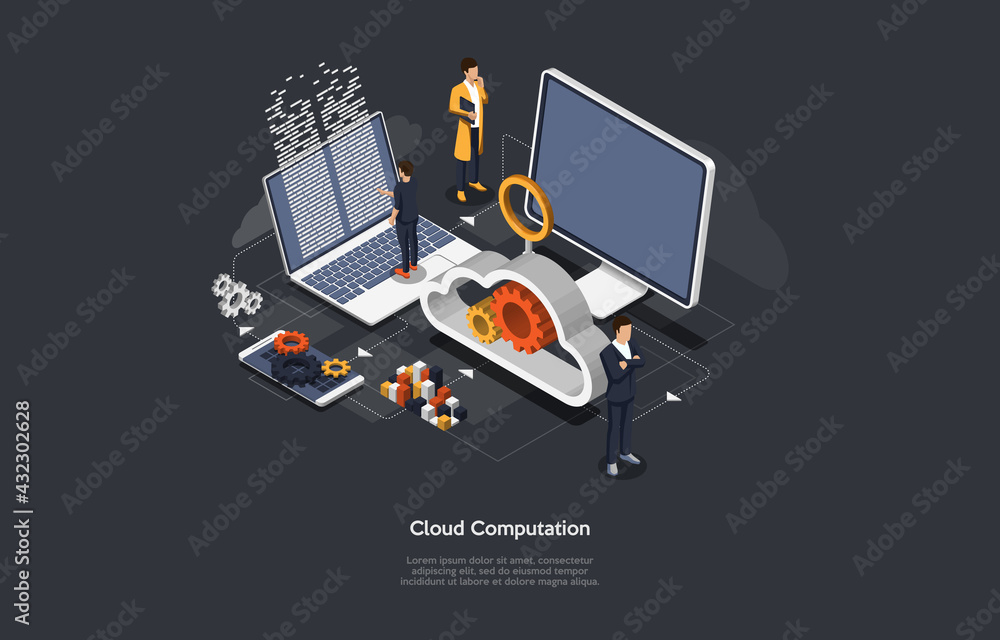 Poster illustration on dark background. information cloud computation concept. isometric vector composition