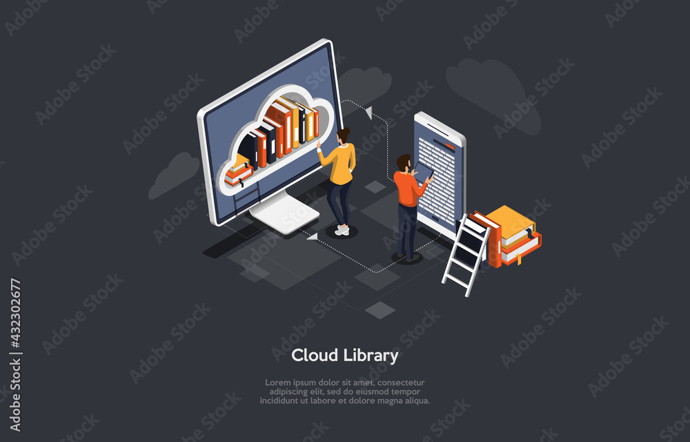 Aufkleber conceptual illustration on cloud library idea. characters, elements and writing. 3d composition in c