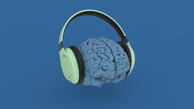 Human brain listen to green headphones isolated view on blue background 3d render image