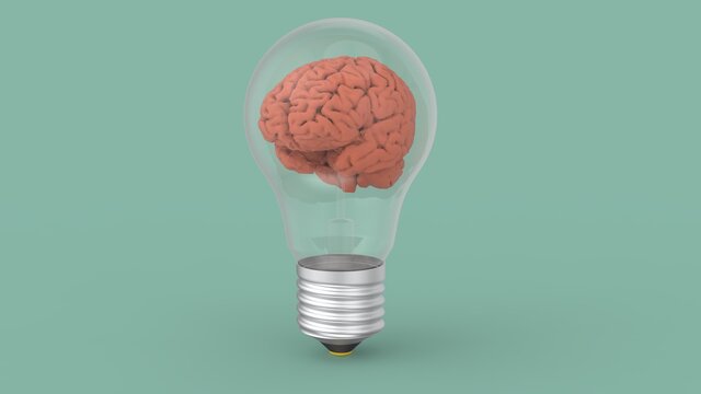 Human brain isolated inside old glass electric lightbulb 3d render image