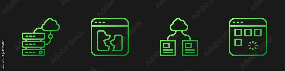 Poster set line cloud technology data transfer, network cloud connection, broken file and loading window. g