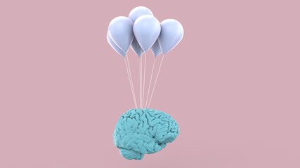 Blue human brain with purple air balloon go up concept 3d render image