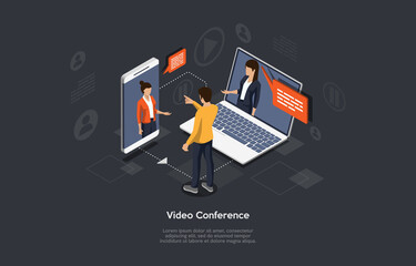 Isometric 3D Vector Illustration On Dark Background With Writing. Cartoon Composition, Video Conference, Online Meeting Concept. People Talk Through Smartphone And Laptop With Character. Infographics