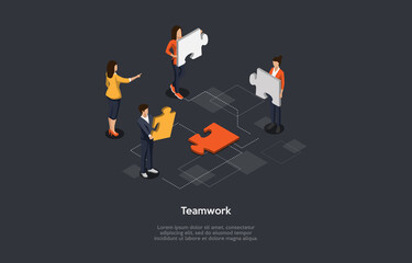 Isometric 3D Vector Illustration On Dark Background With Writing. Cartoon Composition, Office Teamwork, Togetherness Concept. People Standing Keeping Different Puzzle Elements. Infographic Elements