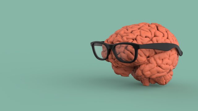 Geek nerd brain with black glasses concept isolated on blue backgroun 3d render image