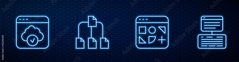 Poster set line different files, cloud technology data transfer, folder tree and server, data, web hosting.