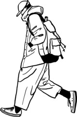 Naklejka na ściany i meble Man with cap carrying backpack traveler lifestyle Hand drawn line art illustration 