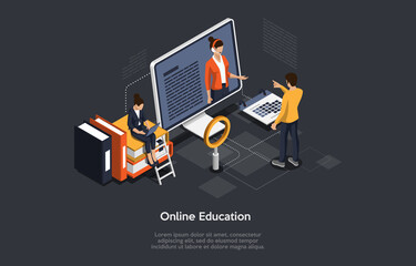 Isometric Illustration. Vector Cartoon 3D Style Design With Elements And People. Online Course Or Education. Remote Internet Study. Characters Near Computer With Information, Books, Calendar Around