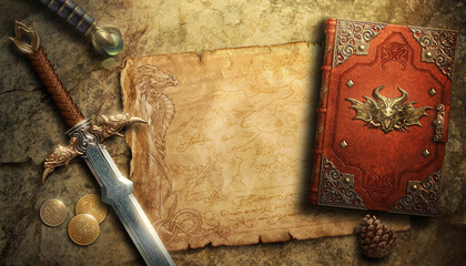 Naklejka premium Fantasy background with ancient map