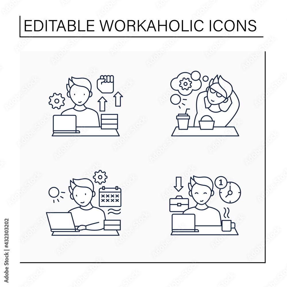 Poster workaholic line icons set. workaholism prevention, consequences. conduct rules. overworking concept.