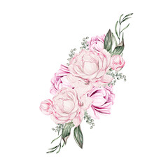 Watercolor bouquet with peony flowers, leaves and buds. Illustration