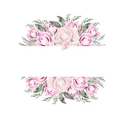 Card with peonies, can be used as greeting card, invitation card for wedding, birthday and other holiday and summer background. Watercolor illustration.￼.