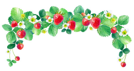 イチゴのアーチ型フレーム。水彩イラスト。中サイズ。