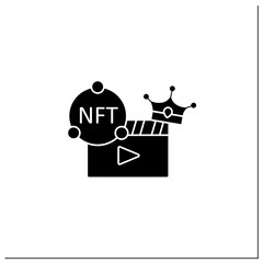 NFT video glyph icon. Video file format with non fungible token coin.Represent digital files. Used to commodify digital creations.Filled flat sign. Isolated silhouette vector illustration