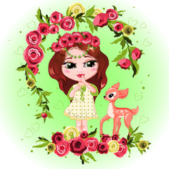 Cartoon illustration of a cute smiling girl in a wreath of flowers standing in a meadow of flowers. Beautiful child with a decoration of roses, fashionable girl in a summer dress