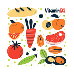 The main food sources of vitamin B1. Healthy food concept.