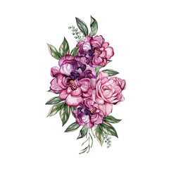 Watercolor bouquet with peony flowers, leaves and buds. Illustration