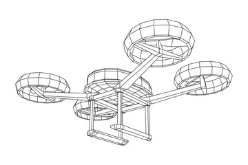 Military drone combat unmanned aerial vehicle. Recon aircraft quadrocopter. Wireframe low poly mesh vector illustration.