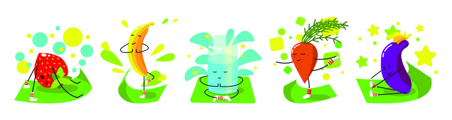 This set of fruits and vegetables, eggplant, carrots, strawberries, banana and a glass of water perform yoga poses, exercise and lead a healthy lifestyle.