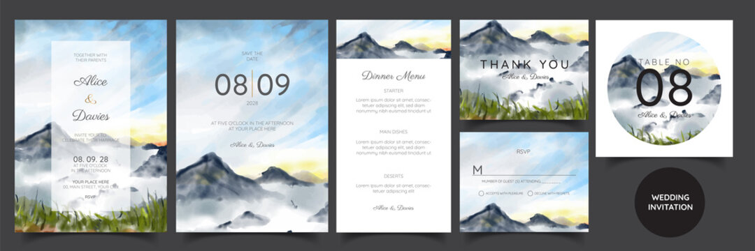 wedding invitation with mountain view watercolor background