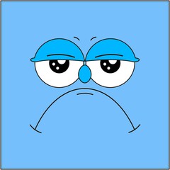 Grumpy emoticon emoji on blue background. Sad
