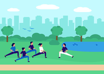Healthy people doing yoga, sport at city urban park. Group of people exercising in nature together. Urban landscape, recreation area with men and women in yoga class doing exercise outdoor. Vector