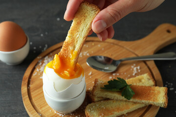Concept of tasty breakfast with boiled eggs, close up