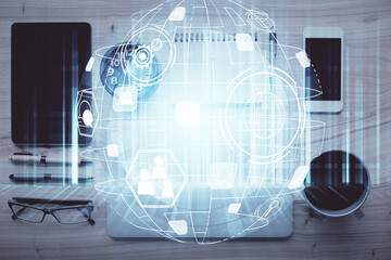 Double exposure of social network theme drawing over table with phone. Top view. People connecting...